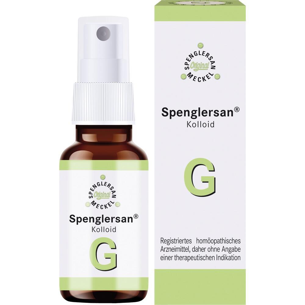 Braunes Sprayfläschchen und passende grüne Verpackung mit der Aufschrift "Spenglersan G".